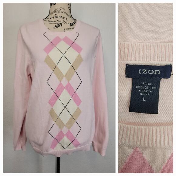Izod Pink Old School 100% Cotton Argyle Sweater Large Vintage Women’s Clueless - Picture 1 of 8